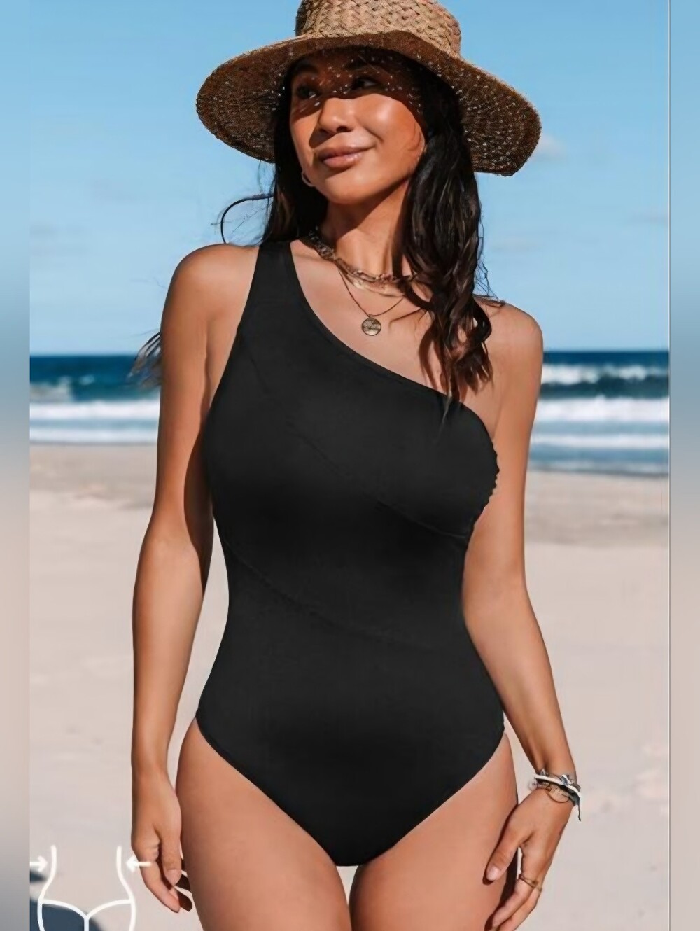 NWT Cupshe Reverie Land One Shoulder Swimsuit Black Slim & Sculpt Size L